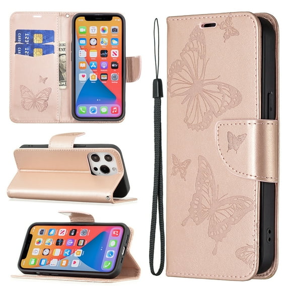 iPhone 13 Mini Wallet Case, Embossed Butterfly PU Leather Credit Card Holder Slots Full Body Protection Kickstand Flip Folio Shockproof TPU Phone Cover for Apple iPhone 13 Mini,Pink