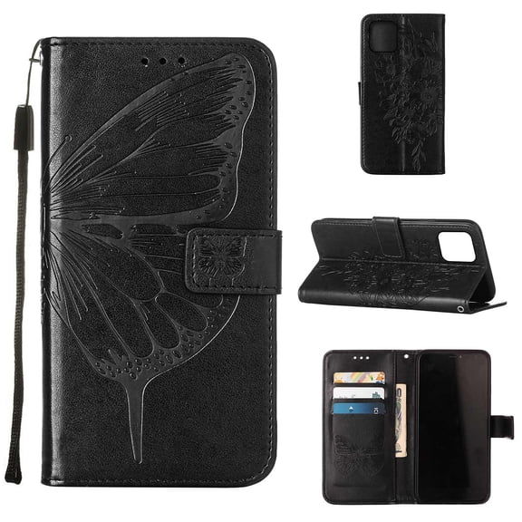iPhone 13 Mini Wallet Case, Embossed Butterfly PU Leather Credit Card Holder Slots Full Body Protection Kickstand Flip Folio Shockproof TPU Phone Cover for Apple iPhone 13 Mini, Black