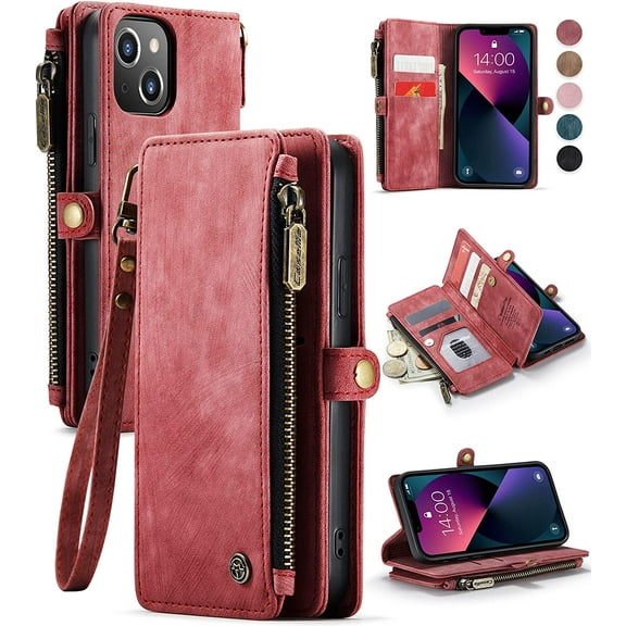 iPhone 13 Mini Wallet Case, PU Leather Flip, Wristlet, Zipper Card Holder, Magnetic Strap - Red