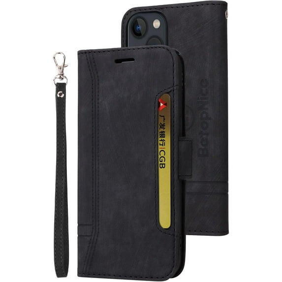 iPhone 13 Mini Wallet Case,PU Leather Folio Kickstand Card Slots Cover for iPhone 13 Mini,Book Folding Flip Case with Detachable Wrist Strap,Protective Cover for iPhone 13 Mini,Black