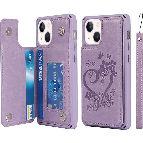 for iPhone 13 Mini Wallet Case with RFID Blocking Card Holder for Girls Women,Premium PU Leather Magnetic Buttons Stand Flip Wrist Strap Case for iPhone 13 Mini 5.4 Inch,Heart Purple