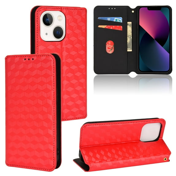 For iPhone 13 Mini Wallet Case with RFID Blocking ID Credit Card Holder, Luxury Diamond Patterned Shiny PU Leather Magnetic Folio Book Flip Kickstand Shockproof Phone Case, Red