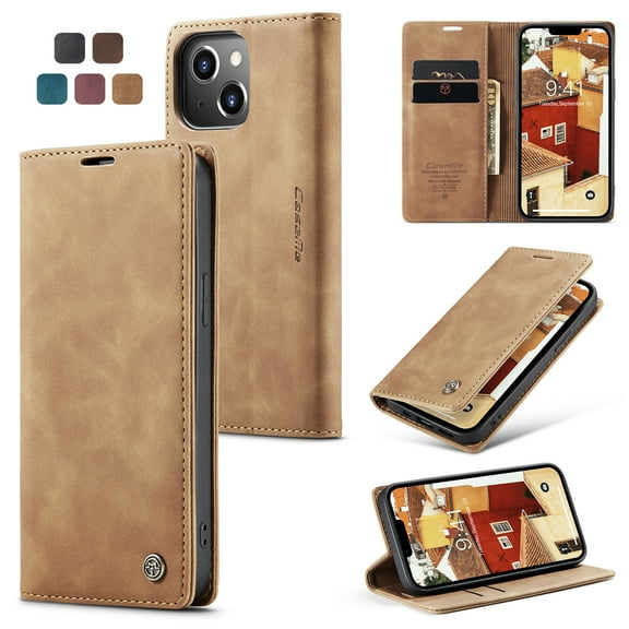 for iPhone 13 Mini Wallet Case with [RFID Blocking] Retro Premium PU Leather Flip Folio Strong Magnetic Closure, Kickstand, Card Slots, Flip Book Style Cover For Apple iPhone 13 Mini,
Brown