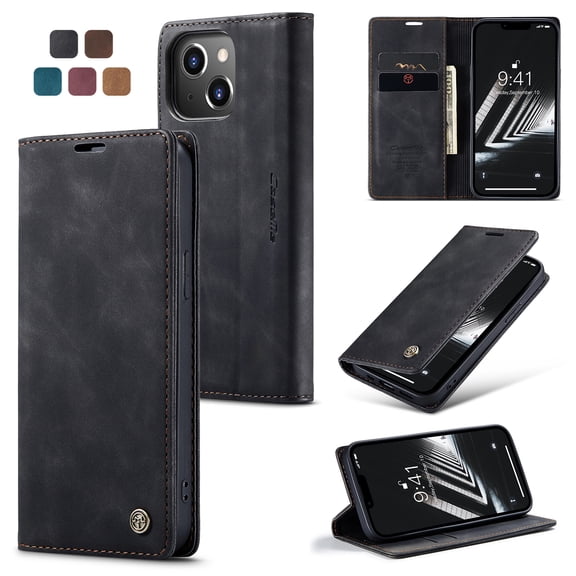 for iPhone 13 Mini Wallet Case with [RFID Blocking] Retro Premium PU Leather Flip Folio Strong Magnetic Closure, Kickstand, Card Slots, Flip Book Style Cover For Apple iPhone 13 Mini,
Black