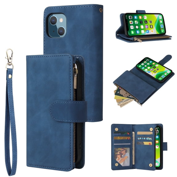 iPhone 13 Mini Wallet Case, Soft Leather Zipper Magnetic Buckle Horizontal Flip Cover with 5 Card Slots, Blue