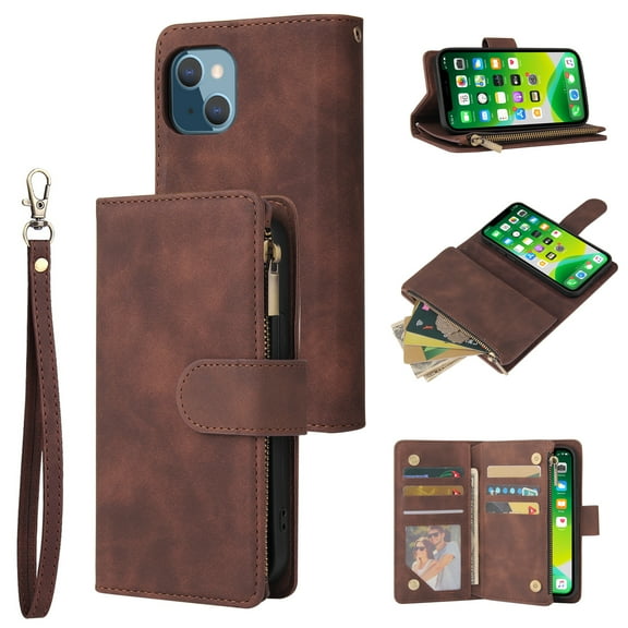 iPhone 13 Mini Wallet Case, Soft Leather Zipper Magnetic Buckle Horizontal Flip Cover with 5 Card Slots, Coffee