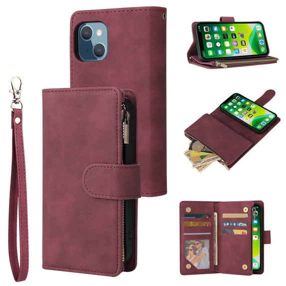 iPhone 13 Mini Wallet Case, Soft Leather Zipper Magnetic Buckle Horizontal Flip Cover with 5 Card Slots, Winered