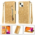 thumbnail image 1 of iPhone 13 Mini Wallet Case for Women/Girls,Dteck Bling Glitter Sparkly Girly Folio Leather Zipper Pocket Magnet Clasp Phone Case with 3 Card Holder,Strap and Stand for iPhone 13 Mini 5.4 Inch,Gold, 1 of 7