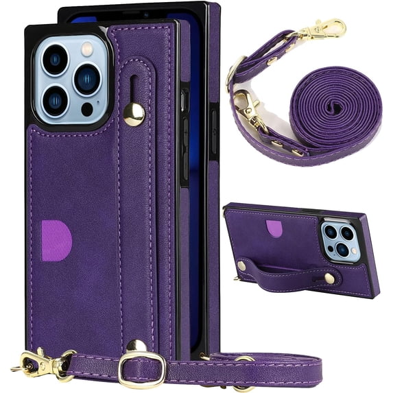 for iPhone 13 Mini Wallet Case for Women,Removable Adjustable Strap Crossbody Card Holders Cover Neck Strap Lanyard Purse Shoulder Strap Kickstand Purse Case for iPhone 13 Mini KB Purple