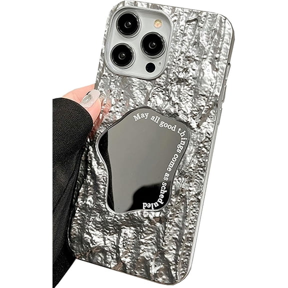 iPhone 13 Mirror Case. Bling Glitter Silver Cute Tin Foil 3D Rock Texture Makeup Mirror Women Girls Shockproof Soft Case Cover for iPhone 13