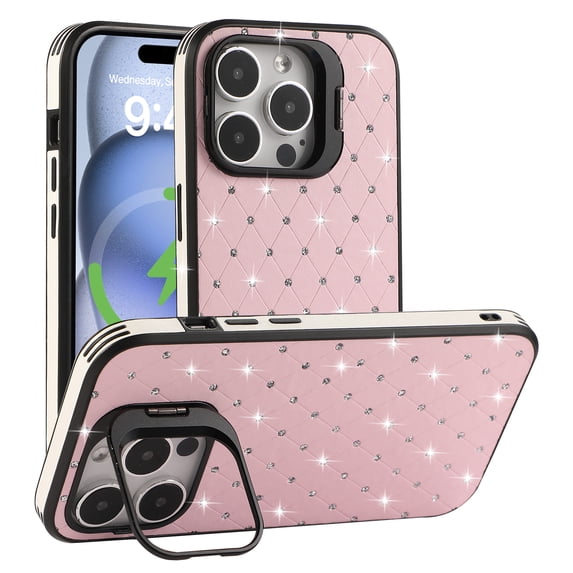 for iPhone 13 PC Back Case, Luxury Glitter Diamond Ultra Slim Drop Protective Shockproof Camera Cover Bracket Lightweight Anti-Scratch Phone Case Cover for iPhone 13, Pink