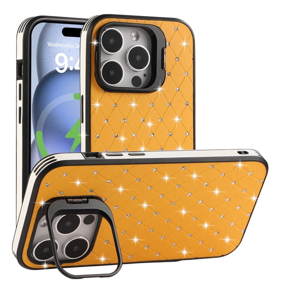for iPhone 13 PC Back Case, Luxury Glitter Diamond Ultra Slim Drop Protective Shockproof Camera Cover Bracket Lightweight Anti-Scratch Phone Case Cover for iPhone 13, Yellow