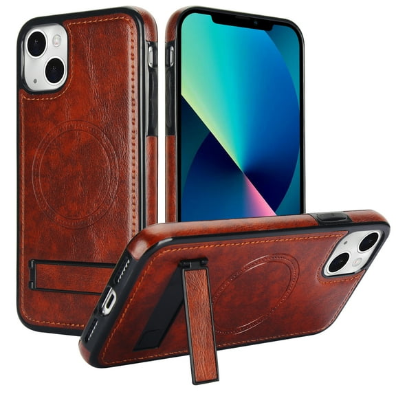for iPhone 13 PU Leather Back Case, Built-in Invisible Stand [Compatible with Magsafe] Protective Slim Kickstand Anti-fall Phone Cover Compatible with iPhone 13, Brown
