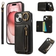 thumbnail image 1 of for iPhone 13 PU Leather Case, Card Slots and Zipper Pocket Kickstand, Classic Protective Shockproof Lightweight Ultra Slim lip Case Finger Ring Wrist Strap for iPhone 13, Black, 1 of 7
