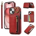 thumbnail image 1 of for iPhone 13 PU Leather Case, Card Slots and Zipper Pocket Kickstand, Classic Protective Shockproof Lightweight Ultra Slim lip Case Finger Ring Wrist Strap for iPhone 13, Red, 1 of 7