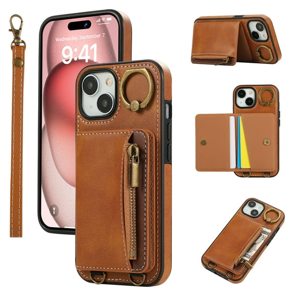 for iPhone 13 PU Leather Case, Card Slots and Zipper Pocket Kickstand, Classic Protective Shockproof Lightweight Ultra Slim lip Case Finger Ring Wrist Strap for iPhone 13, Brown