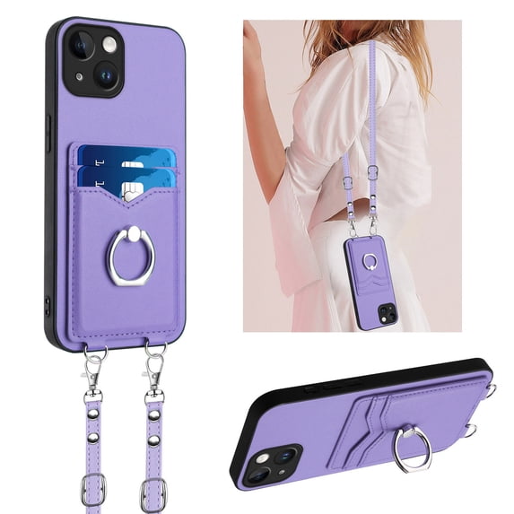 for iPhone 13 PU Leather Case, Wallet Case with Ring Stand Kickstand Shockproof Protective for Women Girls Card Holder Slot Stand Shoulder Strap Case for iPhone 13, Purple