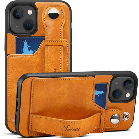 for iPhone 13, PU Leather Wallet Case Back with Elastic Card Slot Magnetic Clasp Kickstand Hand Strap Protective Cover for iPhone 13 6.1 inch 2021 (Khaki)