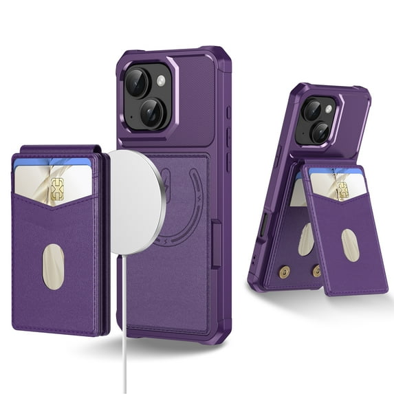 for iPhone 13 Phone Case Card Holder with Compatible with MagSafe Magnetic RFID Blocking PU Leather Flip Kickstand Detachable 2-in-1 Wallet Case For iPhone 13,Purple