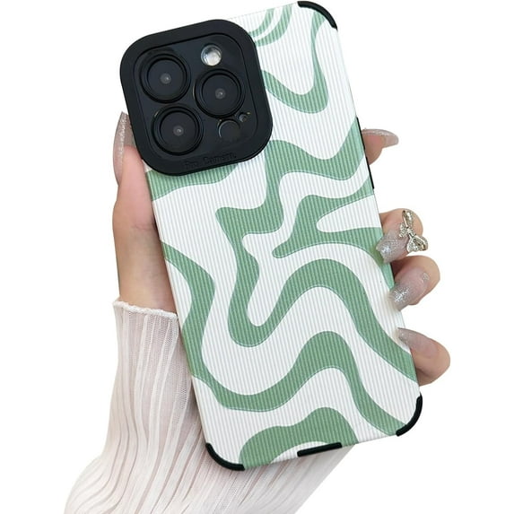 for iPhone 13 Phone Case, Soft PU Leather TPU and Cute Art Wavy Painted for Women Girls, Slim Protective Shockproof Compatible with iPhone Case (Green, iPhone 13)