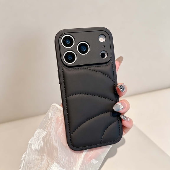 For iPhone 13 Phone Case,Solid Color Luxury Down Pure Jacket Design,Puffer Touch PU Leather Back,Anti-Scratch Shockproof Non-Slip Drop Protection Thin Fit Durable Phone Case,Black