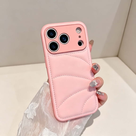 For iPhone 13 Phone Case,Solid Color Luxury Down Pure Jacket Design,Puffer Touch PU Leather Back,Anti-Scratch Shockproof Non-Slip Drop Protection Thin Fit Durable Phone Case,Pink