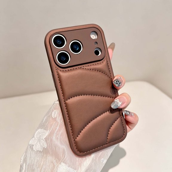 For iPhone 13 Phone Case,Solid Color Luxury Down Pure Jacket Design,Puffer Touch PU Leather Back,Anti-Scratch Shockproof Non-Slip Drop Protection Thin Fit Durable Phone Case,Darkbrown