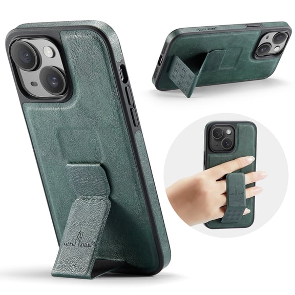 for iPhone 13 Phone Case, Vintage Magnetic Finger Hand Wrist Strap Kickstand Shockproof Protective PU Leather Thin Fit Anti-Scratch Cover Compatible with iPhone 13, Green