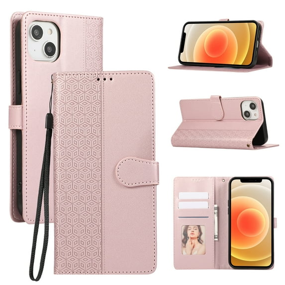 for iPhone 13 Phone Case Wallet Card Holder, PU Leather Kickstand Flip Cases Wrist Strap Magnetic Closure Shockproof Embossed Protective Book Cover for iPhone 13, Rosegold