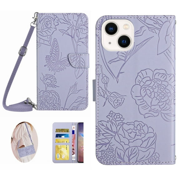 for iPhone 13 Phone Case Wallet,Crossbody Strap Women Flip Folio Cover with Card Holders Butterfly Embossed Premium PU Leather Kickstand Wrist Strap Magnetic Closure Case,Lightpurple