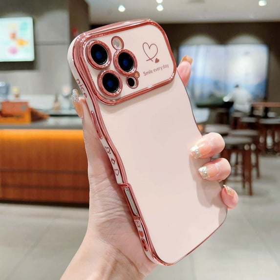 For iPhone 13 Phone Case,Wavy Frame Designing,Love Heart Pattern,Luxury Plating Shockproof Anti-fall Soft TPU Ultra Slim Thin Fit Cute Electroplated Phone Case Cover,Pink