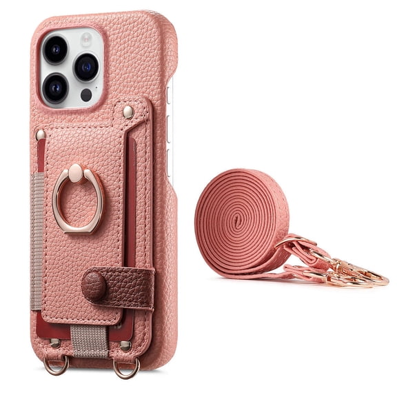 For iPhone 13 Phone Case,With 360° Rotatable Ring Kickstand,Detachable Long Shoulder Strap,Card Slots,Shockproof Anti-fall PU Leather Anti-Scratch Back,Durable Wallet Phone Case,Pink