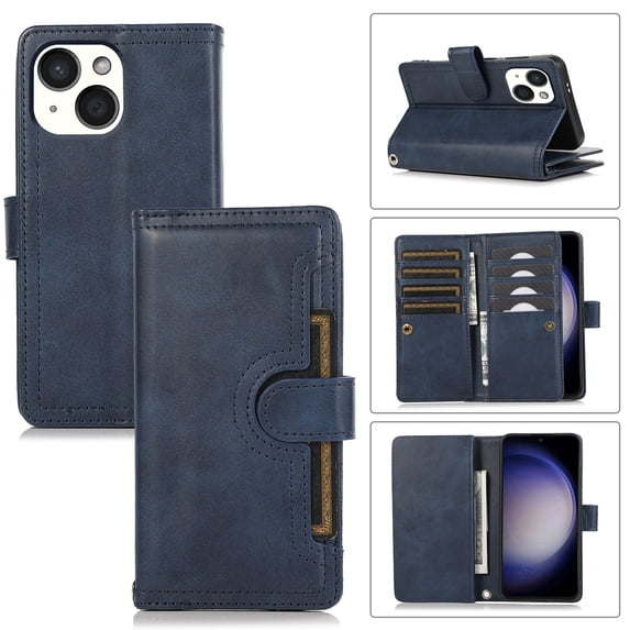 for iPhone 13 Phone Case,for iPhone 13 Wallet Case RFID Blocking 8 Card Slots Holder & 1 Cash Pocket & 1 Outer Pouch,Wrist Strap,Shockproof Leather Magnetic Flip Stand Cover,Darkblue
