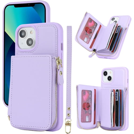 iPhone 13 Phone case Wallet with Zipper Card Holders for Women, iPhone 13 Case Wallet with Credit Card with Ring Kickstand Zipper Stand Case for iPhone13 - Lilac