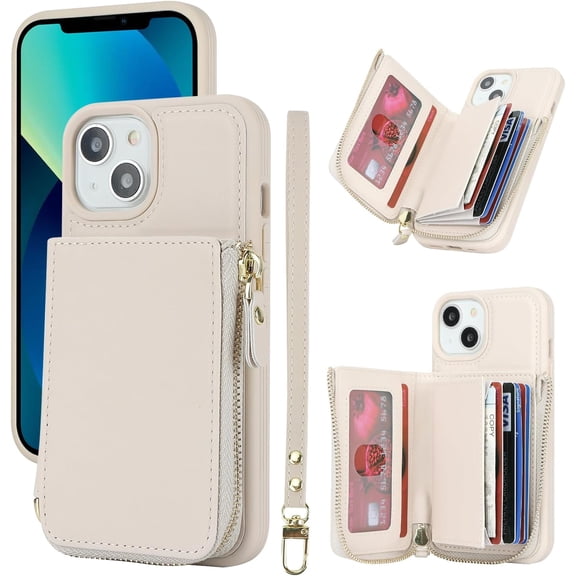 iPhone 13 Phone case Wallet with Zipper Card Holders for Women, iPhone 13 Case Wallet with Credit Card with Ring Kickstand Zipper Stand Case for iPhone13 - Off-White