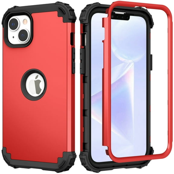 for iPhone 13 Plus Case, Slim Dual Layer 3 in 1 Heavy Duty Protection Hybrid Hard PC Soft Silicone Rugged Bumper Anti Slip Full-Body Protective Cases for iPhone 13 Plus, Red