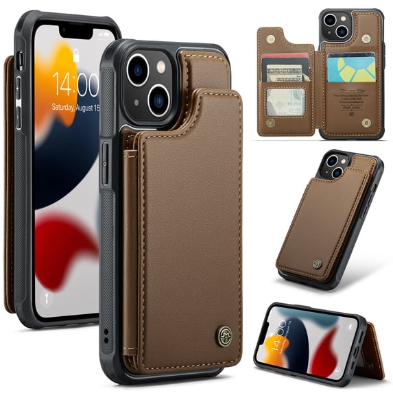for iPhone 13 Premium PU Leather Back Case, Multiple Card Slots Design, Double Magnetic Clasp Study Kickstand RFID Blocking Classic Phone Cover for iPhone 13, Brown