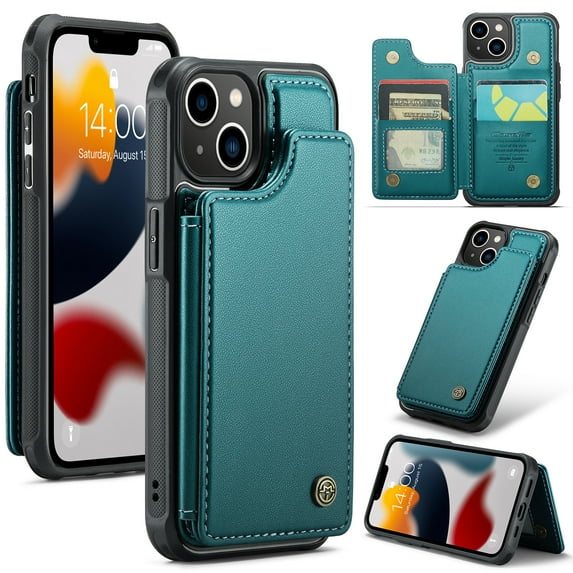 for iPhone 13 Premium PU Leather Back Case, Multiple Card Slots Design, Double Magnetic Clasp Study Kickstand RFID Blocking Classic Phone Cover for iPhone 13, Blue