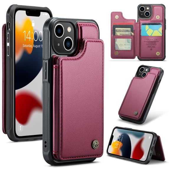 for iPhone 13 Premium PU Leather Back Case, Multiple Card Slots Design, Double Magnetic Clasp Study Kickstand RFID Blocking Classic Phone Cover for iPhone 13, Winered