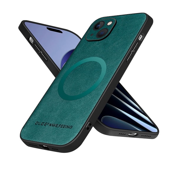 for iPhone 13 Premium PU Leather + TPU Back Case, Magsafe Anti-Scratch Lightweight Ultra Slim Shockproof Protective Anti-Fall Business Phone Case for iPhone 13, Green