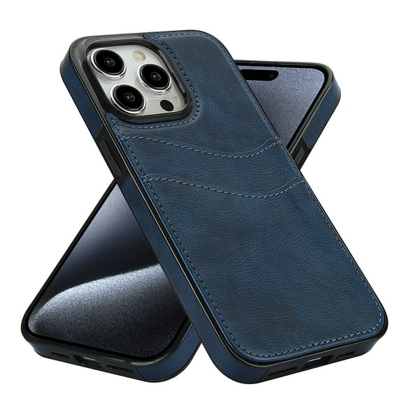 for iPhone 13 Pro 2 Card Slots Premium PU Leather Back Case with TPU Inner, Slim Thin Vintage Anti-drop Raised Frame Protection Shockproof Case Cover for iPhone 13 Pro, Blue