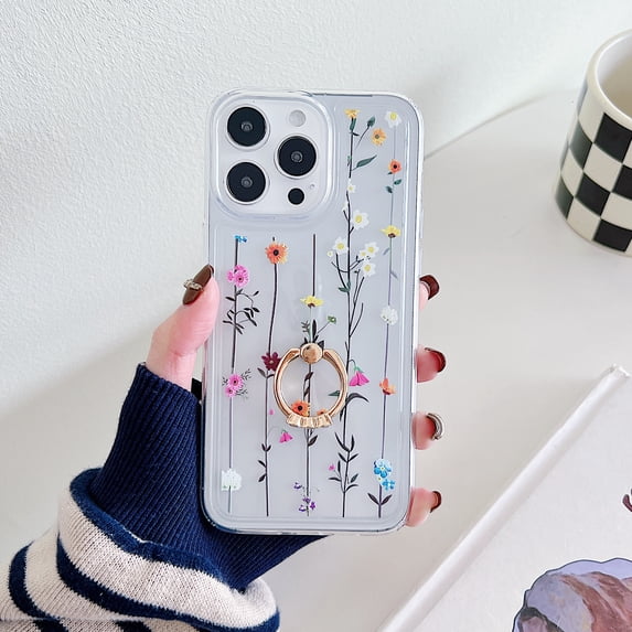 for iPhone 13 Pro with 360° Rotating Ring Kickstand, Luxury Floral Clear Pattern Soft & Flexible TPU Protective Shockproof Cover Women Girls Phone Case for iPhone 13 Pro, Flower #2