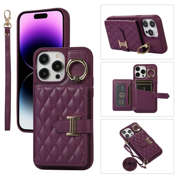 for iPhone 13 Pro 6.1" Detachable Shoulder Strap Wallet Case, with Card Slots & 360-degree Rotation Stand Ring Flip Premium PU Leather Protective Cover Lanyard for Women Girls, Deeppurple