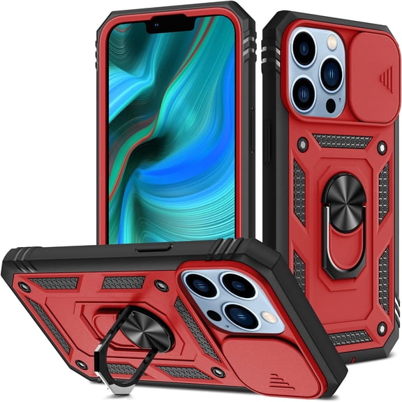 for iPhone 13 Pro 6.1" Stand Case with Slide Camera Cover Military Grade Heavy Duty Rugged Dual Layer Full Body Shockproof Protection Built-in Ring Kickstand Magnetic Hard Back Case Red