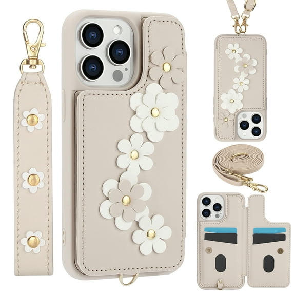 for iPhone 13 Pro 6.1-inch Crossbody Wallet Case, Women Flip Cover Flower Design PU Leather Kickstand Card Holder Slots Wrist Strap Lanyard Purse Phone Case for iPhone 13 Pro, White