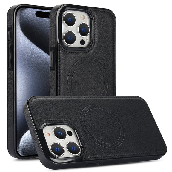 for iPhone 13 Pro Back Case, Litchi Texture PU Leather Phone Cover with TPU Frame Ultra-Stylish Magsafe Compatible and Shockproof Drop Protection Case Cover for iPhone 13 Pro,Black