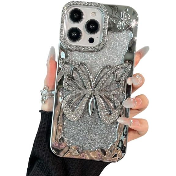for iPhone 13 Pro Bling Glitter Butterfly Case,Cute Sparkle Diamond Slim Plating Crystal Rhinestone Phone Cover for Women Girls Protective Camera Protection Bumper,Silver