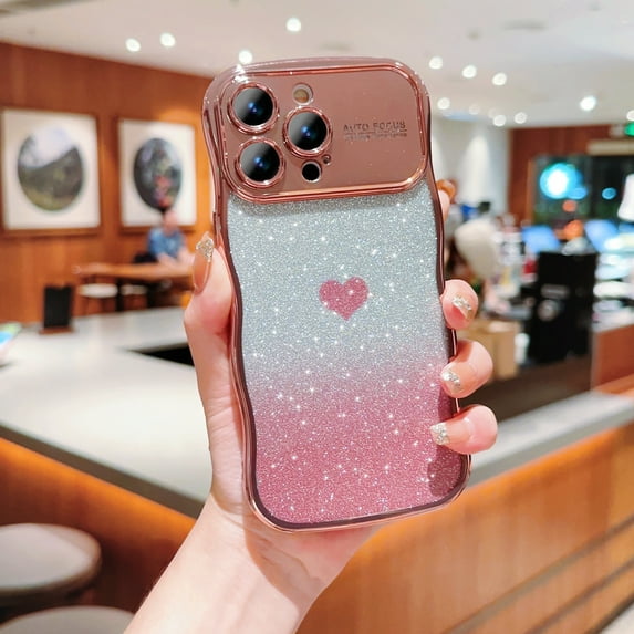 for iPhone 13 Pro Bling Glitter Case for Women Girls, Cute Wave Frame Curly Shape with Love Heart Pattern Raised Camera Protection Luxury Plating Shockproof Phone Case for iPhone 13 Pro, Rosegold