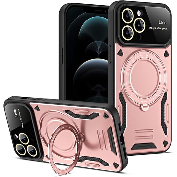 for iPhone 13 Pro Case with 360° Rotatable Magnetic Ring Stand, Large Window Design Compatible with Magsafe, Military-Grade Protection Shockproof Phone Cover for Women Men, Pink