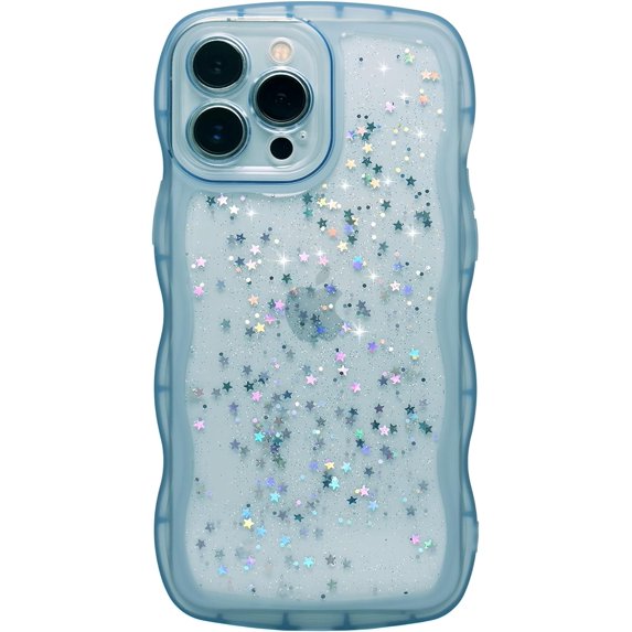 for iPhone 13 Pro Case 6.1" Curly Wave Edge Design Transparent Bling Glitter Star Shiny Case Cute Clear Transparent Full Protection Soft TPU Shockproof Phone Cover for Women Girls, Blue